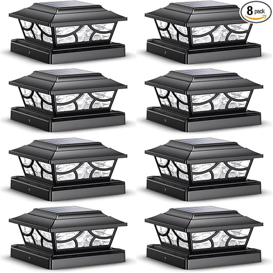 SIEDiNLAR Solar Post Lights Outdoor 4 Modes Fence Deck Post Cap Light for 4x4 5x5 6x6 Vinyl Wooden Posts Garden Patio Decor, Warm White & Cool White Dynamic Lighting Black (8 Pack)