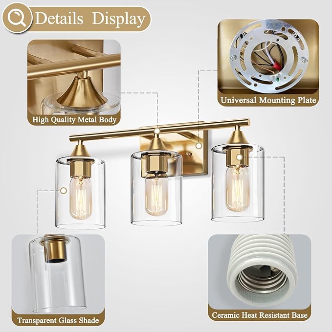 Gold Bathroom Light Fixtures,3-Light Vanity Lights,Modern Brushed Brass Gold Wall Sconce Lighting,Bathroom Wall Lamp for Mirror Bedroom Living Room Vanity Table Hallway