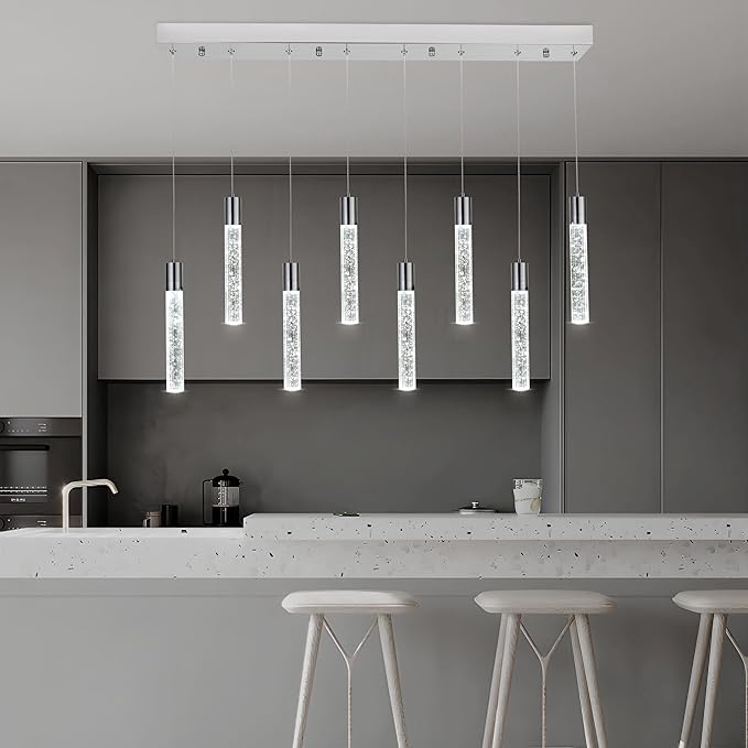 8-Light Chrome Integrated Crystal Pendant Chandelier,Dimmable LED Ceiling Light with Adjustable Height for Kitchen Island, Dining Room & Bedroom 3000K -6000K