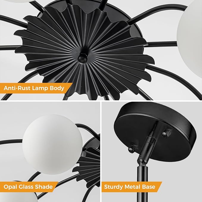Modern Chandelier 12-Light Dining Room Light Fixture, 40" Dia Sputnik Lights Fixture with Glass Globes, G9 Base Semi Flush Ceiling Light Chandeliers for Dining Room Bedroom(Black Chandelier, 12 Light)