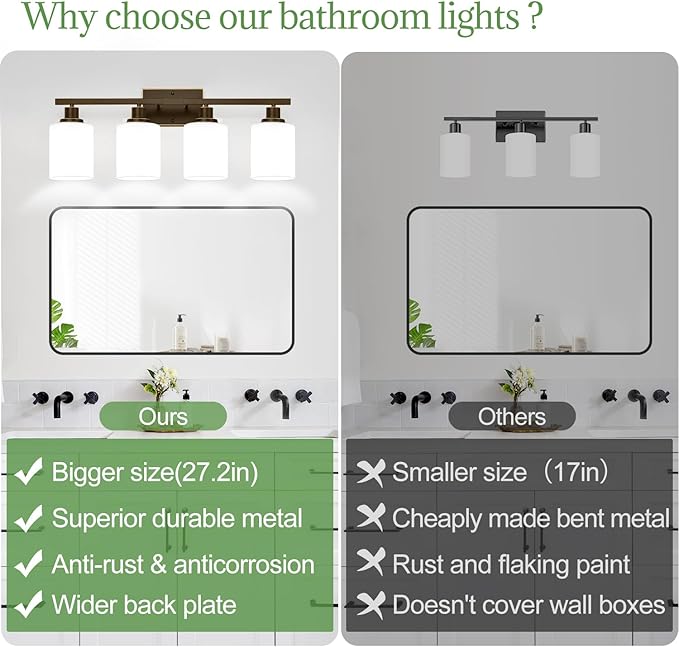 MOKATNG 4-Light Bathroom Light Fixtures, Vanity Light with Milky White Shades, Oil-Rubbed Bronze Bathroom Light Fixtures Over Mirror, Modern Bathroom Wall Lamp for Mirror Living Room Cabinet Bedroom