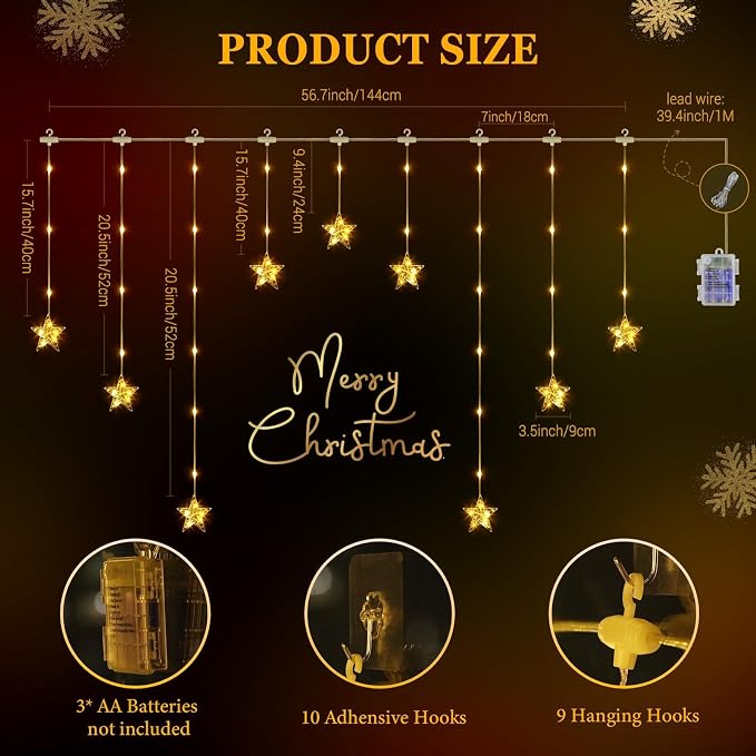 Christmas Window Lights, 76LEDs 9 Star Curtain Lights, Warm White&Multicolor, IP65 Waterproof, Timer & Memory Function, 8 Modes Indoor/Outdoor Decoration for Xmas, Birthday, Wedding, Bedroom