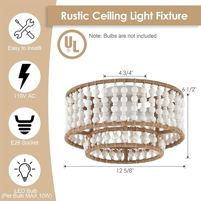 Boho Flush Mount Light Fixture Farmhouse, 3-Light Rustic Hallway Lights, Small White Bead Chandelier for Kitchen Entryway Laundry Nursery