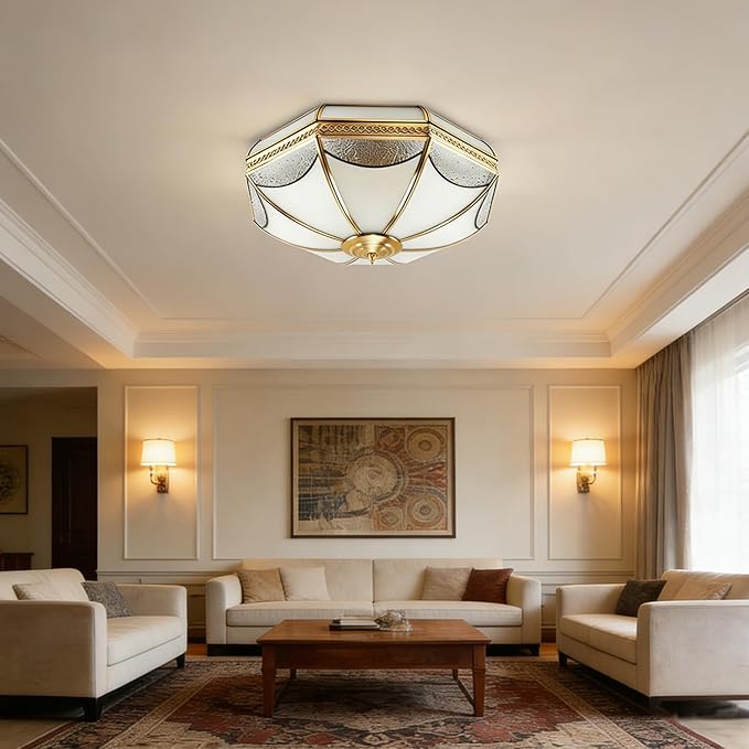 MIXL-Gold Flush Mount Ceiling Light,Antique Brass Hallway Lighitng Fixture,Unique 4-Bulbs Vintage Light Fixture,Mid Century Modern Ceiling Lamp for Study Room Office