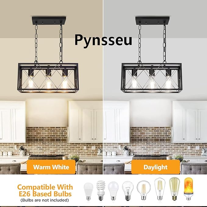 Pynsseu Industrial Kitchen Island Pendant Lighting, Rectangular Vintage Rustic 3-Light Hanging Pendant Light Fixtures for Kitchen Farmhouse, Bar, Dinning Room
