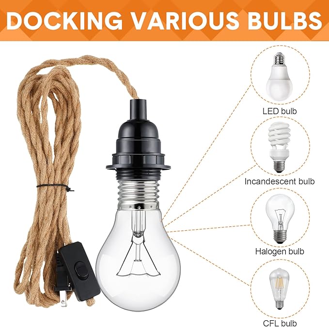 Tuanse 4 Pack Pendant Light Cord, 15ft Plug in Kit with Switch, Industrial Vintage E26 E27 Socket Set for Edison Bulbs, Farmhouse Decor, Retro Lamp Cable DIY