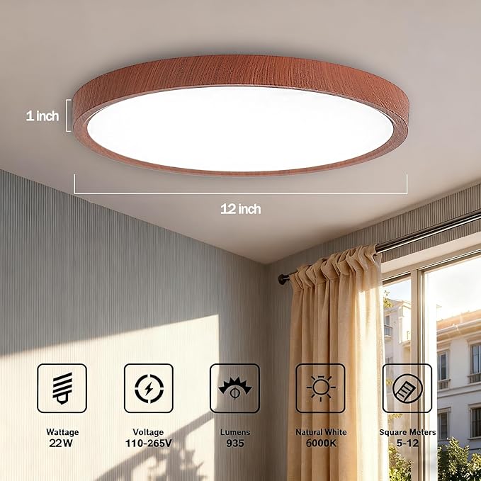 COTULIN 12 Inch LED Wood Grain Flush Mount Ceiling Light Fixture, Modern 22W Round Flat Overhead 3000K-4000K-6000K Selectable Ceiling lamp for Bedroom, Living Room, Kitchen, Entryway