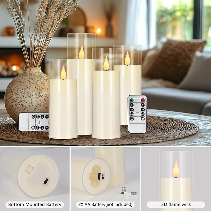 fclayvts 24 Packs of Acrylic LED Candles, Flickering Flameless Candles Battery Operated with Remote Dimmed and Timed, 3D Wick Candles for Home Decor,Wedding,Gift，Parties and Festivals. (3 Size)