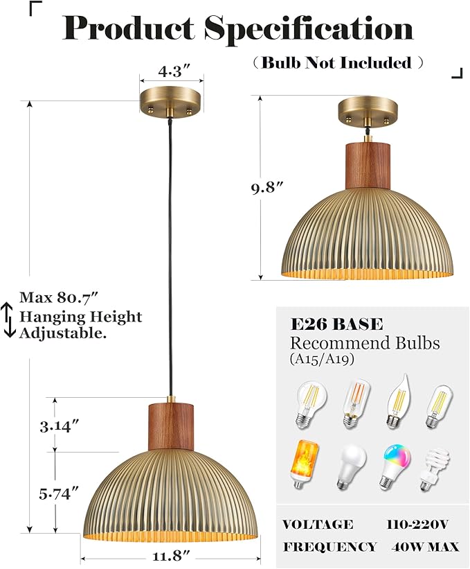 ELYONA Vintage Ash Wood Dome Pendant Light 12" Hanging Lamp with Brushed Brass Metal Shade & Gold Inner Finish, Modern Pendant Light Fixtures for Kitchen Island Dining Room Bedroom Living Room Hallway