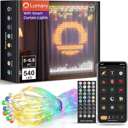 Lumary WiFi Smart Curtain Lights, World Cup Decor Curtain Lights with APP & Remote Control, DIY Color Changing, Pattern GIF Display for Outdoor Indoor, 6.9 x 5FT, 540 RGB LED