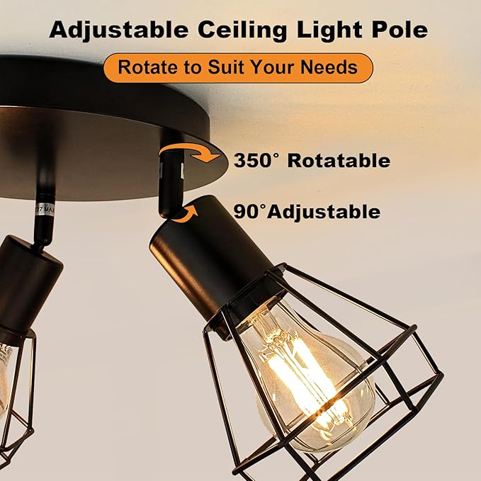 LTBLIGHT 3-Light Track Lighting Fixtures, Rotatable Ceiling Light Kit, Black Metal Wire Cage Lighting Fixtures with Round Plate Spotlights for Kitchen, Bedroom, Hallway, E26 Base, Bulbs Not Included