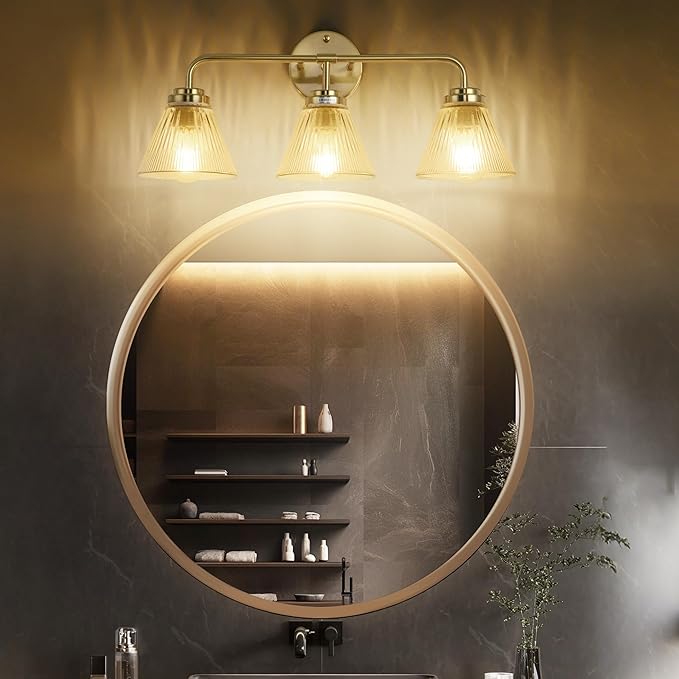 Modern Bronze Bathroom Vanity Light, 3-Light Wall Sconce with Clear Ribbed Glass Shades, Farmhouse Industrial Light Fixture for Bathroom, Vanity Mirror, Powder Room, Hallway (bronze, Eletroplate, 3)
