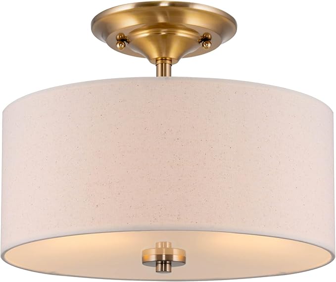 Kira Home Addison 13" Modern Drum Semi Flush Mount with Off-White Fabric Drum Shade, 2-Light Ceiling Light, Cool Brass Finish