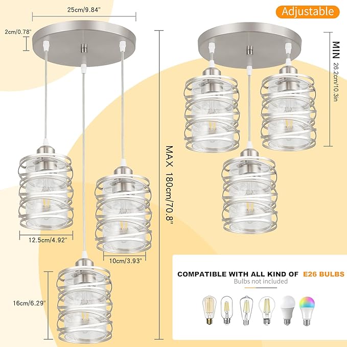 Brushed Nickel Cluster Pendant Lights, 3-Light Kitchen Island Pendant Light Fixtures with Clear Glass Shades, Adjustable Spiral Iron Dining Room Hanging Light Fixture