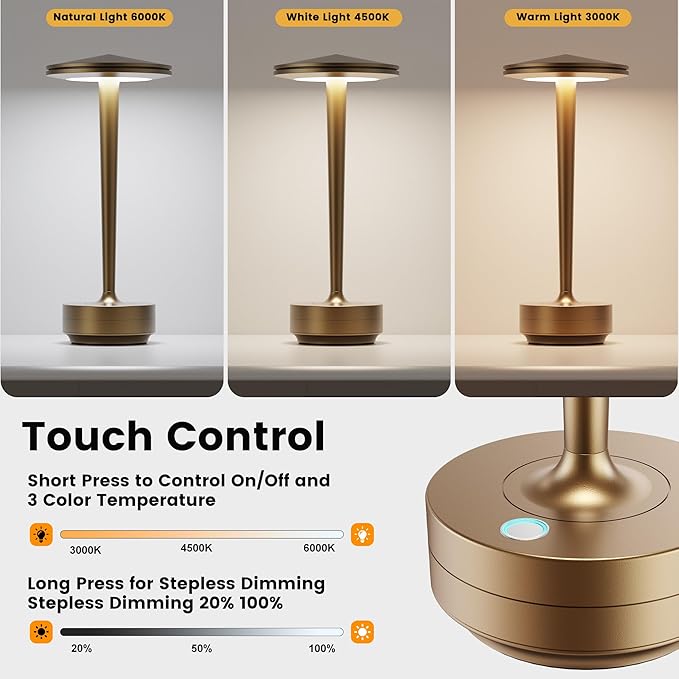 Cordless Table Lamp Rechargeable,6000mAh Battery Operated LED Desk Lamp 3 Color Stepless Touch Dimming,Waterproof Portable Memory Function Light for Bedroom,Outdoor,Patio,Dining,Restaurant Bronze 2P