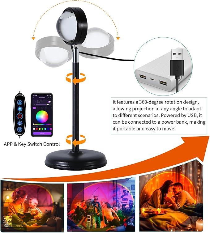Sunset Lamp Projector,360° Rotatable & App Control Multicolor Multi-Scene Changing Rainbow Led Sun Lamp-Christmas Gift,Aesthetic Room Decor for Selfies,TikTok/Instagram Backdrop,Bedroom Night Light