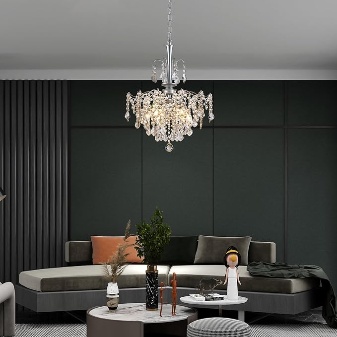 Modern Crystal Chandelier, Chrome Candle Chandeliers for Dining Room Lighting Fixtures Hanging, Kitchen Ceiling Hanging Pendant Light for Bedroom Living Room Kitchen Island Hallway