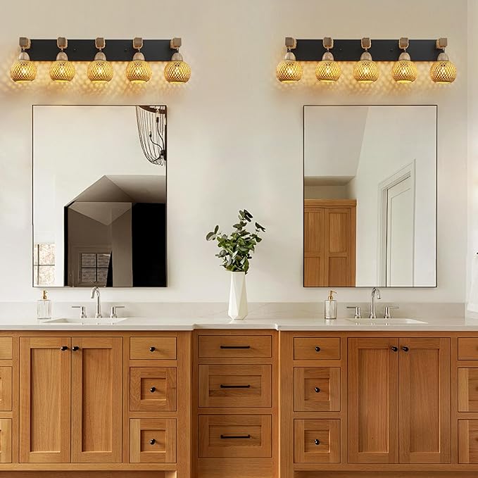 LmnLvn 5-Light Boho Vanity Light, Farmhouse Bathroom Light Fixture, Rattan Bathroom Light Fixture Over Mirror Rustic Vanity Lighting with Handmade Bamboo Shades, Suit for Restroom, Bedroom, Hallway