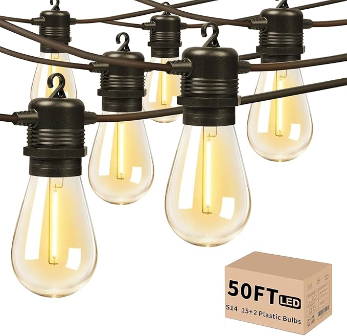 Outdoor String Lights Waterproof, 50ft Patio String Ligths for Outside with 17 (2 Spare) Replaceable E12 Bulbs Shatterproof, 2700K Warm White Great for Balcony, Gazebo, Yard, Porch