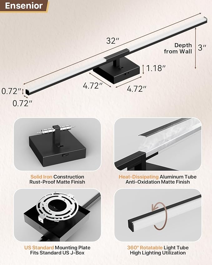 Ensenior Modern Bathroom Vanity Light 32 inch, Built-in Dimmer, 18.5W Dimmable 5CCT Led Bath Lights, Black Bar Vanity Light for Bathroom Mirror Cabinets Bedroom-FCC & ETL Certificated