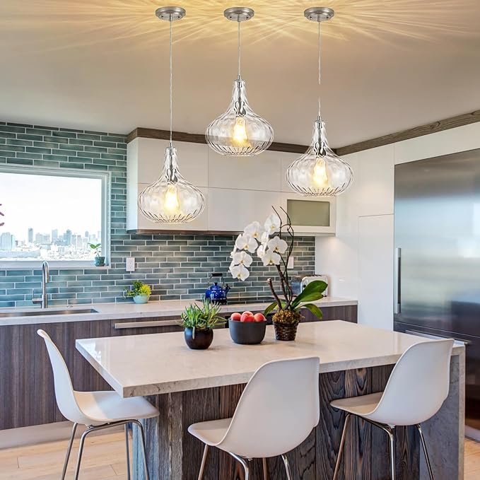 CATINER Glass Pendant Light Brushed Nickel 11-inch Hammered Pendant Lighting for Kitchen Island, Kitchen Sink, Hallway, Living Room