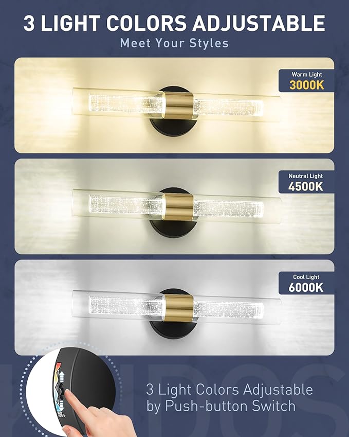 kudos Black and Gold Bathroom Light Fixtures,Modern Led Wall Sconce Light with Crystal Bubble and Clear Glass, 3000K/4500K/6000K Adjustable, KDVL05-BG-2