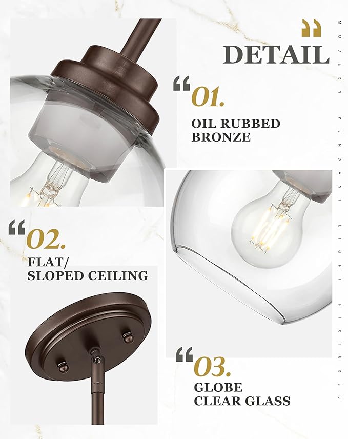Pendant Lights Kitchen Island, 7" Oil Rubbed Bronze Hanging Lights Fixtures with Clear Glass Globe Shade, Modern Kitchen Island Lighting for Bathroom, AD-22280-1P-ORB