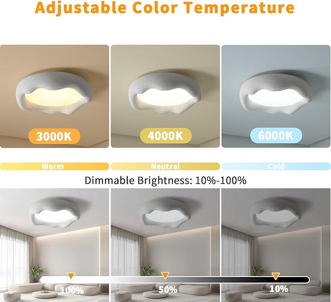 JAYMP Modern Ceiling Light, LED Dimmable Remote Control Ceiling Lamp for Dining Room Living Room Japanese Wabi-Sabi Style Lighting Fixture (Matte White, 49cm/19.3inch)