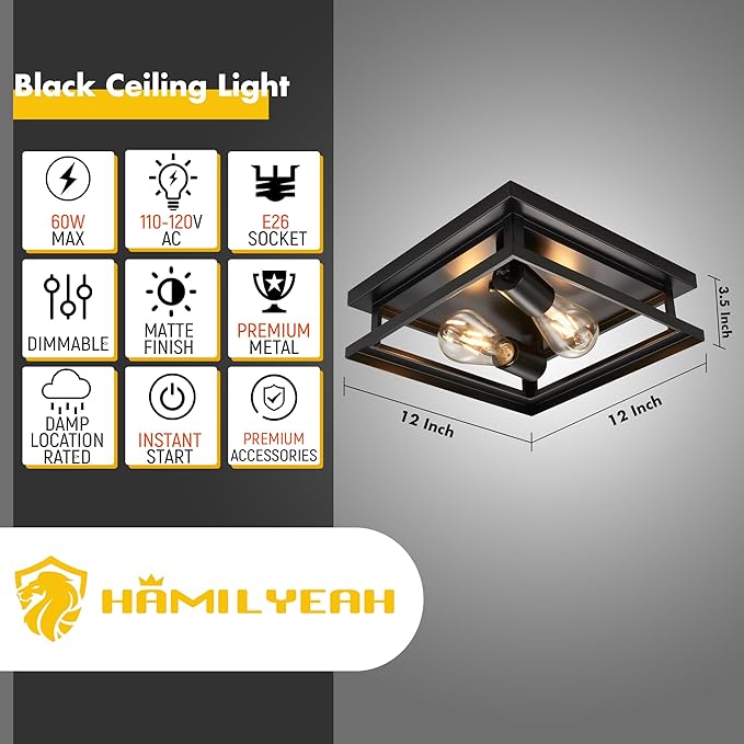 Hamilyeah Farmhouse Flush Mount Ceiling Light Fixture 2 Light, Hallway Ceiling Light Black, Kitchen Light Fixture Ceiling Mount, Simple Close to Ceiling Light Outdoor for Porch, Patio