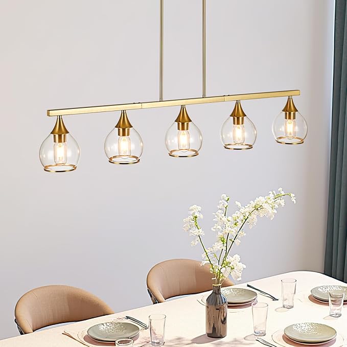 Island Light for Kitchen, 5-Light Gold Kitchen Island Linear Hanging Light Chandeliers, Brushed Gold Dining Room Light Fixture Over Table with Clear Round Glass Shades