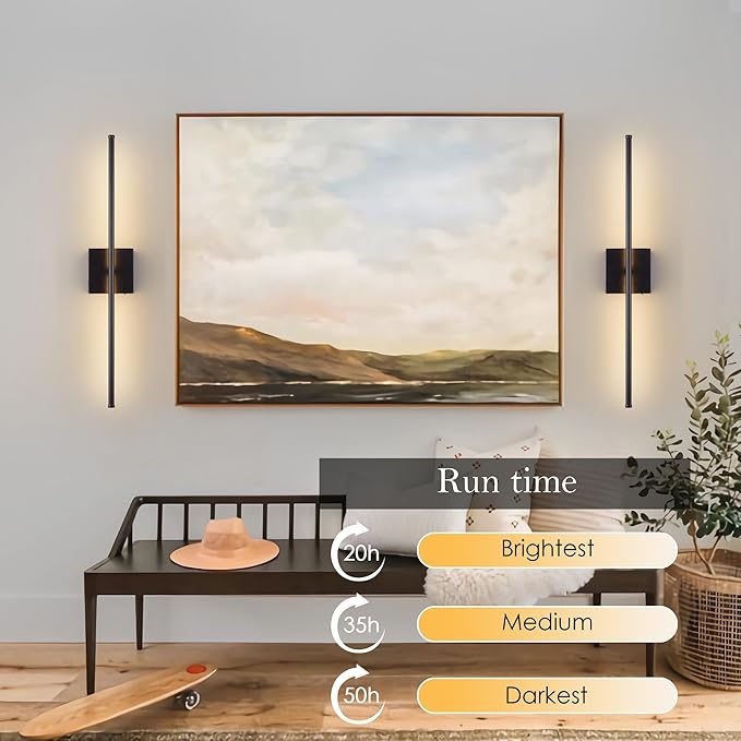 KARTOOSH 32.2 Inch 9 RGB Color Battery Operated Wireless Wall Sconces Set of Two, with Remote, Dimmable, Warm/Natural White/Daylight, Rotatable, LED Wall Light for Living Room, Bedroom, Black
