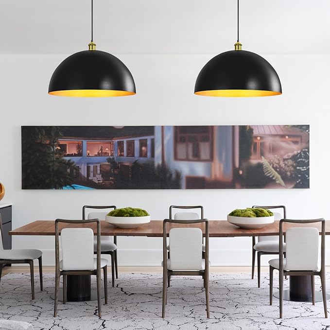 Black-Farmhouse Pendant-Light Hanging-Lamp Fixtures - 16 inch Kitchen Island Pendant Lights Industrial Dome Ceiling Lighting Dining Room Large Vintage Light for Indoor Black and Gold