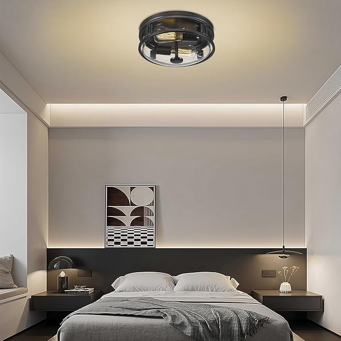 Flush Mount Ceiling Light with Clear Glass Shade, 2-Light Indoor Outdoor Farmhouse Lighting Flush Mount Lights for Kitchen Bedroom Porch Living Dining Room