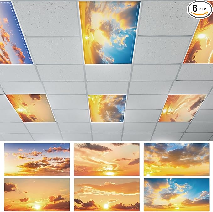 6 Pcs Fluorescent Light Covers with 60 Magnets Decorative for Classroom Ceiling Lights 4 x 2 Feet Magnetic Light Cover Filter Easy Install for Office Hospital Home Ceiling Supplies (Orange Sky)