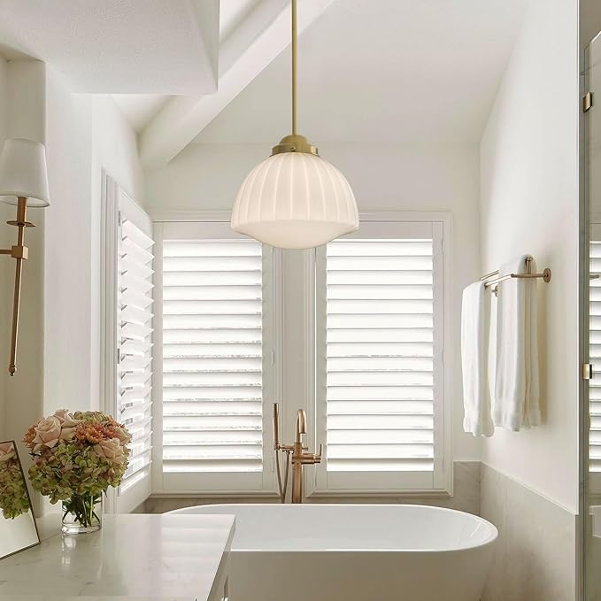 Milk Glass Pendant Light, 11" Brass Semi Flush Mount Pendant Light, Antique White Pleated Glass Chandelier, for Kitchen Island Lighting, Hallway, Bedroom, Dining Room, Foyer, E26 Bulb Included