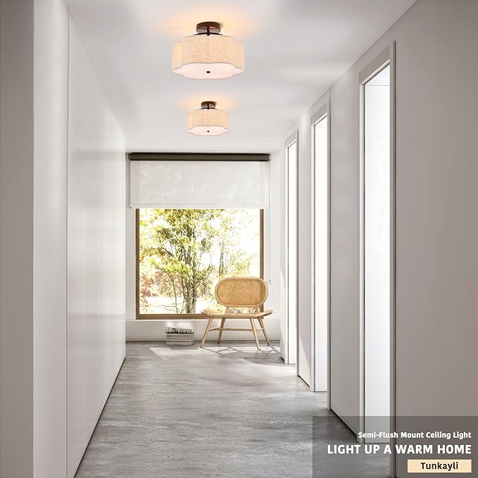 13.78" Semi Flush Mount Ceiling Light Modern 3-Lights Black Drum Ceiling Light Fixture with Fabric Linen Shade, Vintage Modern Ceiling Lighting for Laundry Room, Kitchen, Basement, Bedroom
