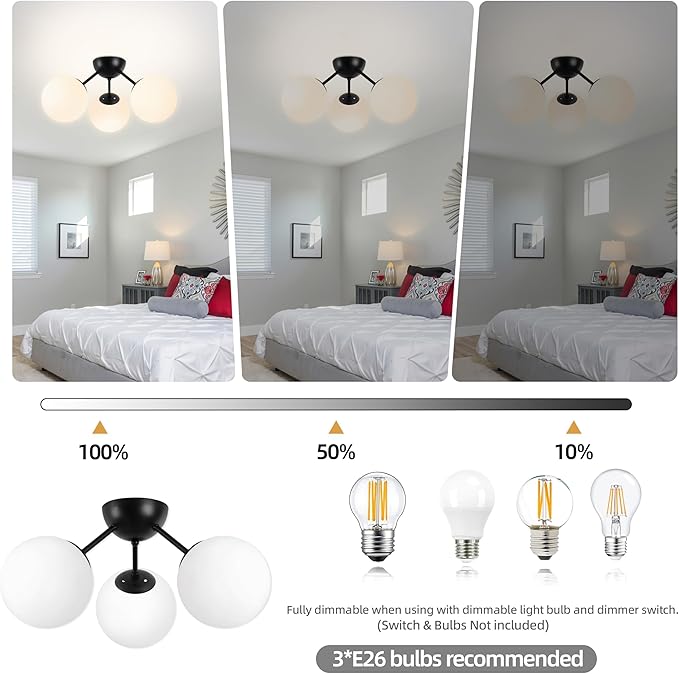3-Light Mid Century Modern Semi Flush Mount Ceiling Light, Opal Glass Globe & Matte Black, Dimmable, UL Certified, for Bedroom, Kitchen, Living Room (Bulb Incl.)