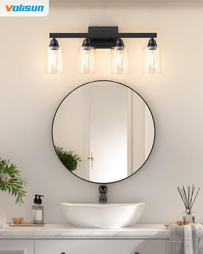 VOLISUN Matte Black Bathroom Light Fixtures, 4-Light Bathroom Vanity Light Over Mirror, Modern Vanity Lights for Bathrooms, Bathrooms Lights Fixtures Over Mirror with Clear Glass Shades