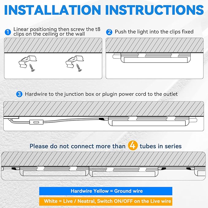CNSUNWAY Led Shop Lights, 4FT LED Light 50W 7500LM 6500K Daylight White, D Shape Garage Light, Linkable Clear Cover T8 Integrated for Garage Workshop Workbench, ETL Listed(6-Pack)