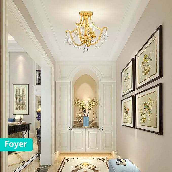Modern 4-Light Maria Theresa Candle Chandelier Ceiling Light, Gold Ceil Light Fixture for Dining Room, Living Room, Bedroom, Farmhouse Style, Vintage Antique Design, D15.7*H14.6inch