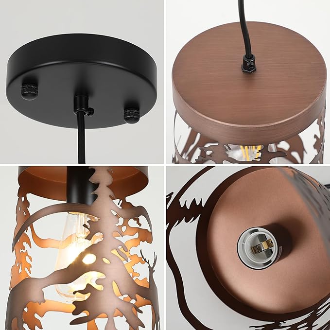 2 Pack Rustic Bear Pendant Lights, 1-Light Brushed Bronze Round E26 Base Cage Metal Fixture Adjustable Hanging Height for Kitchen Island, Hallway, Dining Room, Foyer(No Bulb Included)