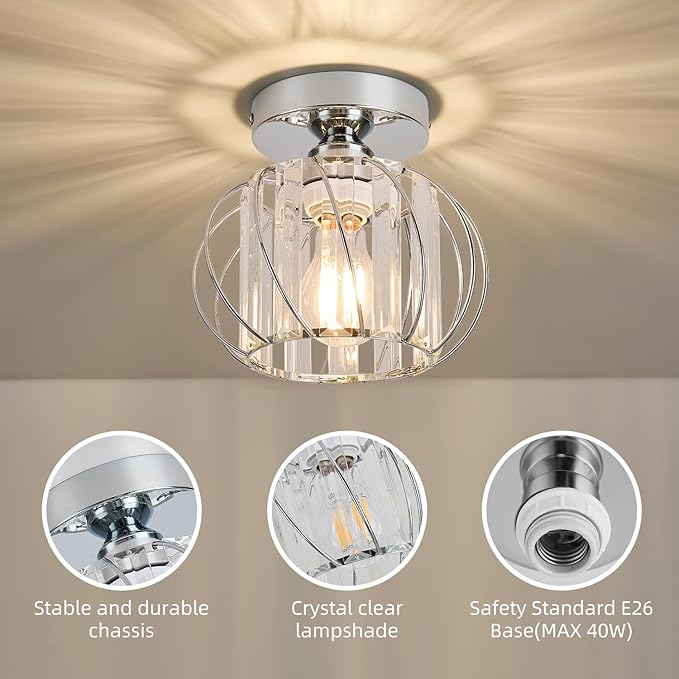 Semi Flush Mount Crystal Ceiling Light, Metal Cage Hallway Ceiling Lamps, Farmhouse Ceiling Light Fixture, Industrial Crystal Chandelier for Corridor Bathroom Kitchen (2, Chrome, 7.5 Inch)