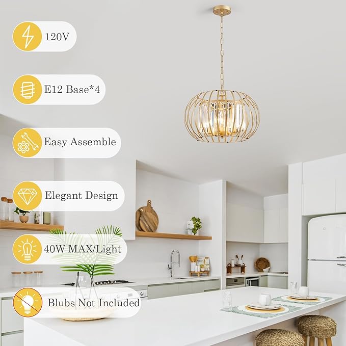 Gold Dining Room Crystal Chandeliers 4-Light Metal Cage Pendant Ceiling Lighting Fixture, Modern Farmhouse Adjustable Hanging Lamps for Bedroom Kitchen Island Hallway