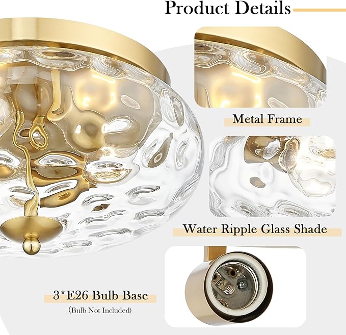 Darkaway Large Ceiling Light Fixtures, 3-Light Flush Mount Indoor Outdoor Ceiling Light with Water Ripple Glass Shade for Hallway Kitchen Bedroom Porch Living Room Gold Finish
