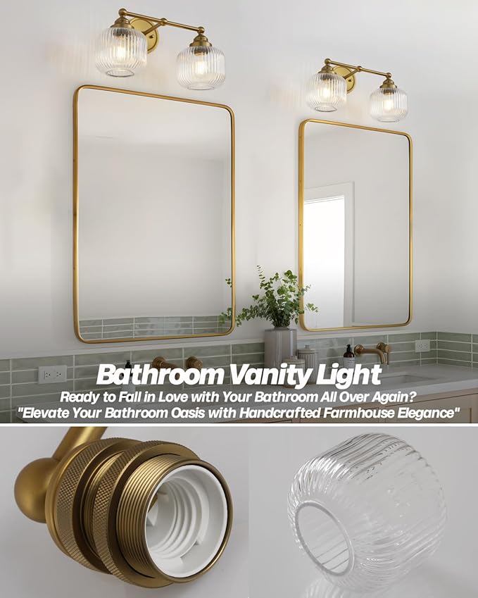 Vintage 2-Lights Clear Ribbed Glass Wall Sconce Lighting Brass Finished, Double Head Bathroom Vanity Light Fixture for Bedroom Living Room Dining Room Hallway