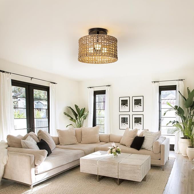 Bohemian Rattan Semi-Flush Ceiling Light, 12-inch 3-Light Handwoven Pendant with Natural Fiber Shade, Vintage Farmhouse E26 Fixture for Bedroom Kitchen Entryway (Retro Design, LED Bulb Compatible)