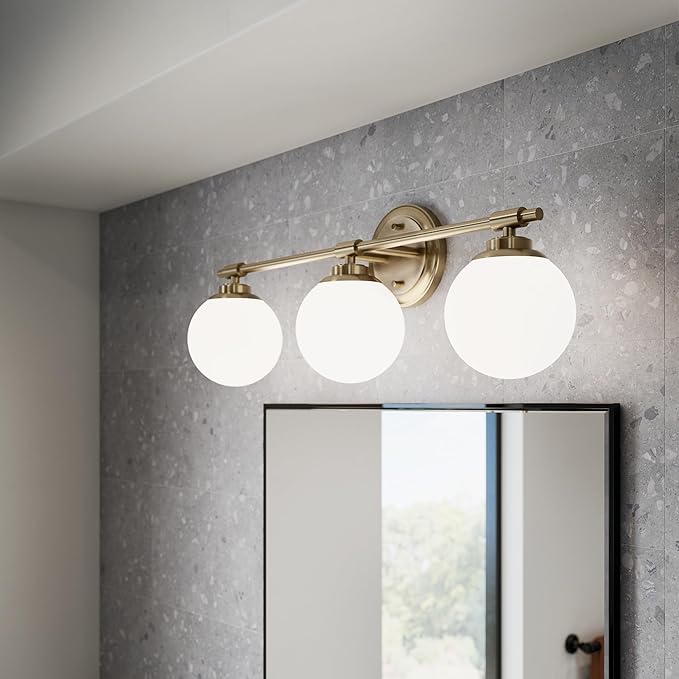 Kichler Benno 3-Light Bathroom Vanity Light Fixture, Modern Wall Mount with Opal Glass in Champagne Bronze, for Bathroom or Powder Room (8.75" x 24.5"), 55172CPZ