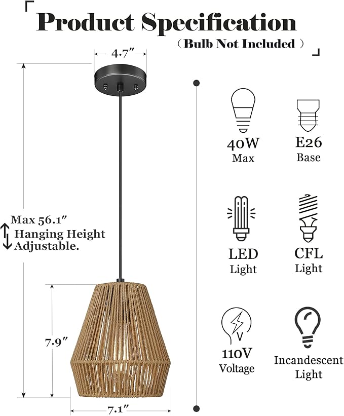 ELYONA Woven Pendant Lights, 7” Rustic Rattan Hanging Lamp Adjustable Handwoven Basket Shade, Boho Pendant Light Fixtures for Kitchen Island, Dining Room, Bedroom, Farmhouse Bar, Foyer Hallway, Brown