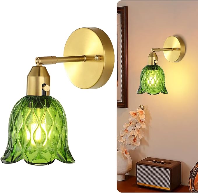 Vintage Wall Sconces - Hardwired Wall Lights with Green Tulip Glass Shade,Brass Wall Lamps for Bathroom Bedroom Stairway Bathroom Living Room Corridor(Bulbs Not Included,E26 Socket)