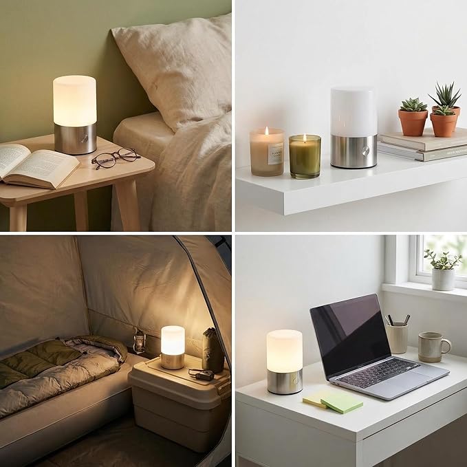 Small Table Lamp - Rechargeable, Portable, Up to 20-Hour Battery Life, 10 Brightness Levels, Auto-Off Timer, Waterproof, Warm Light for Bedside, Travel, Camping & Décor-Nickel Finish